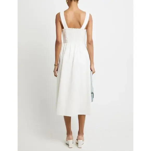 o.p.t Marina White Linen Midi Dress – Fitted Bodice w/ Lace Trim, Size 2 - Picture 4 of 10